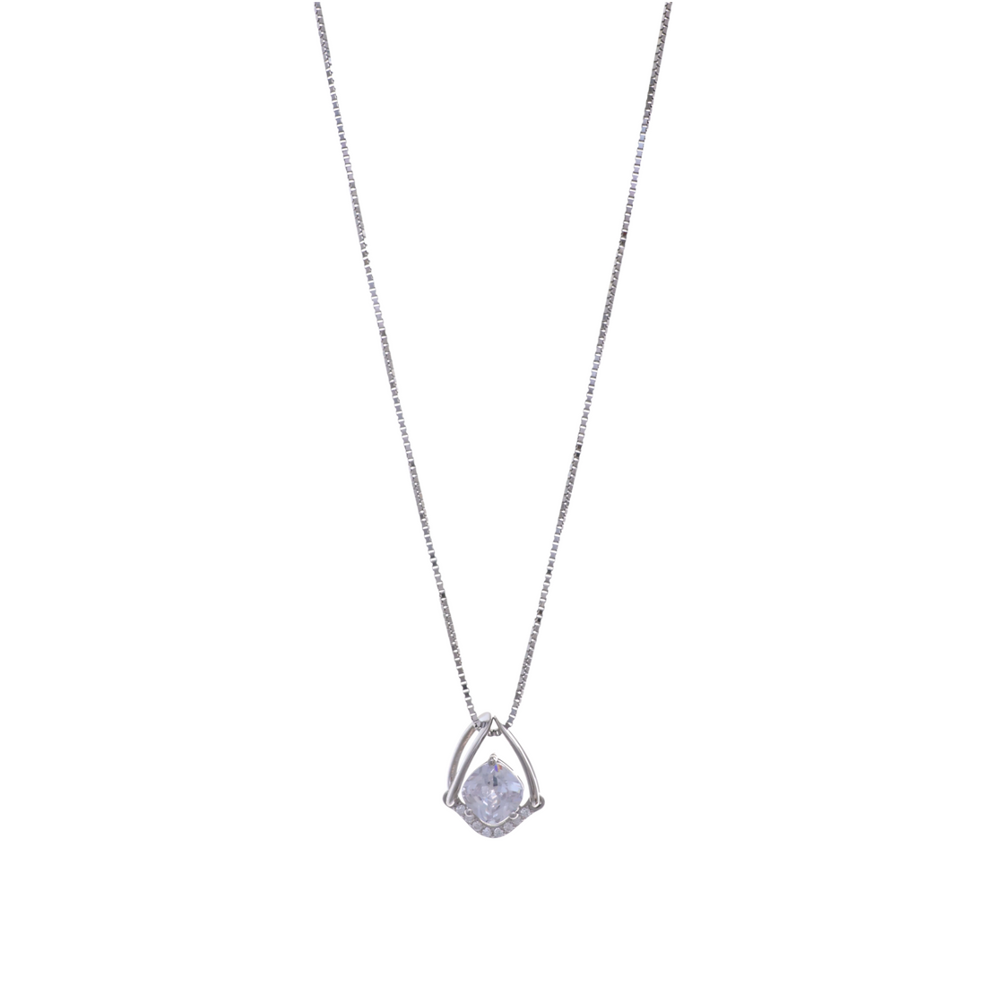 Silver box chain necklace with a geometric drop frame holding a floating square CZ stone.