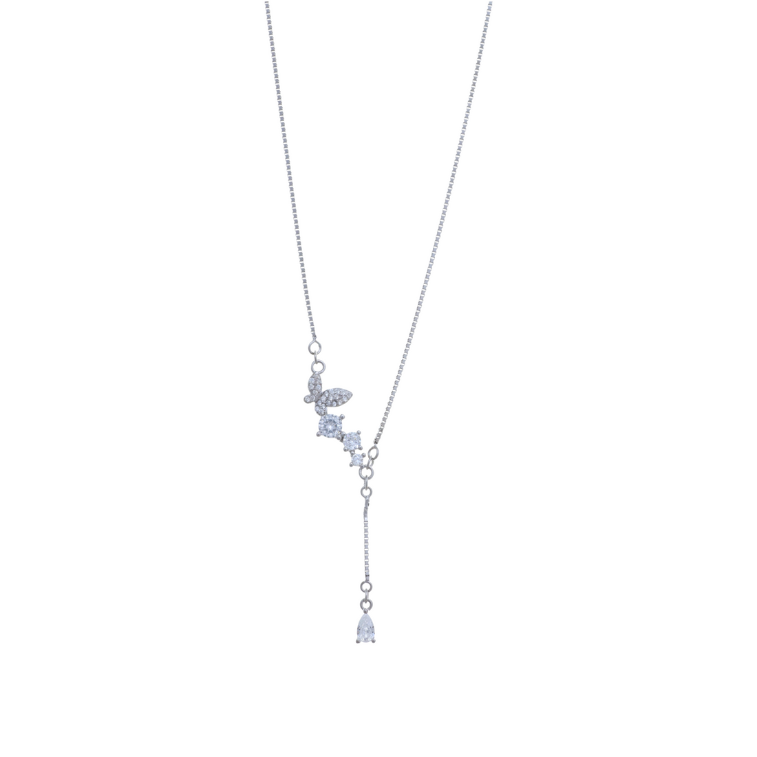 Asymmetric silver chain necklace with a pave butterfly, round CZ accents, and a dangling pear-cut stone.
