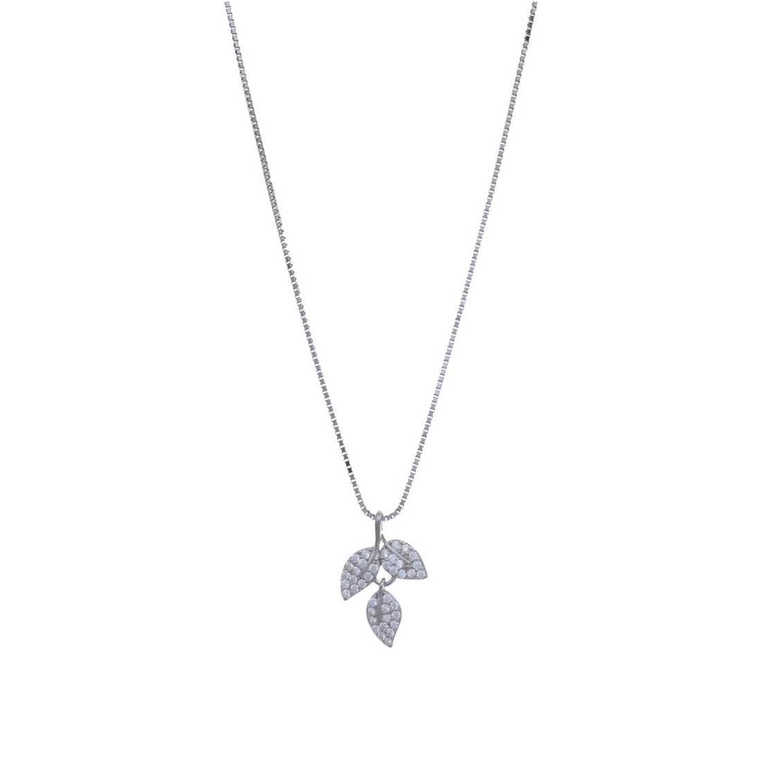 Silver box chain necklace featuring a cluster of three micro-pave stone leaf charms.