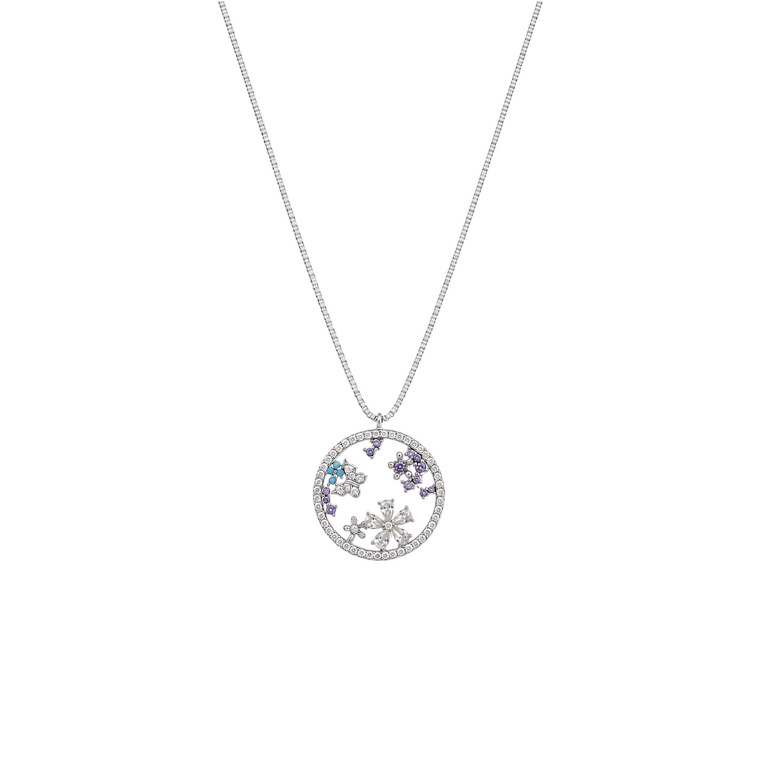 Circular openwork pave pendant necklace featuring inner floral and butterfly details with purple and blue stones.