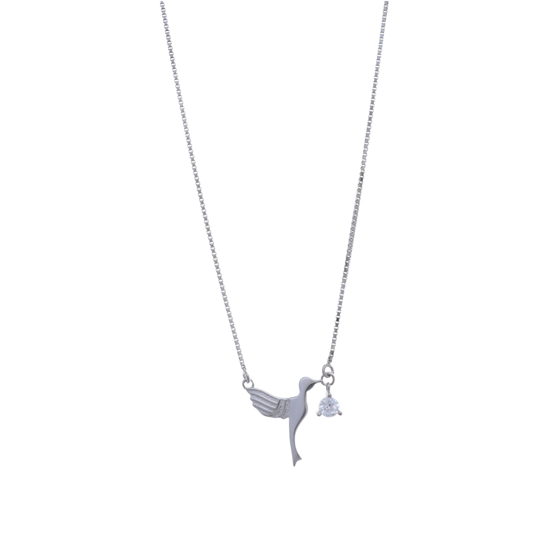 Silver necklace featuring a stylized hummingbird pendant in flight with a dangling round CZ charm.