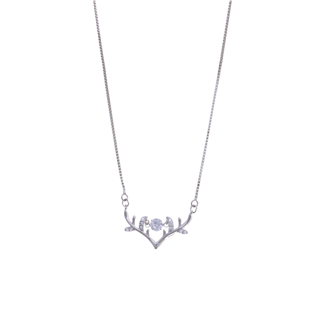 Silver box chain necklace with a pave-set deer antler frame holding a central solitaire CZ stone.