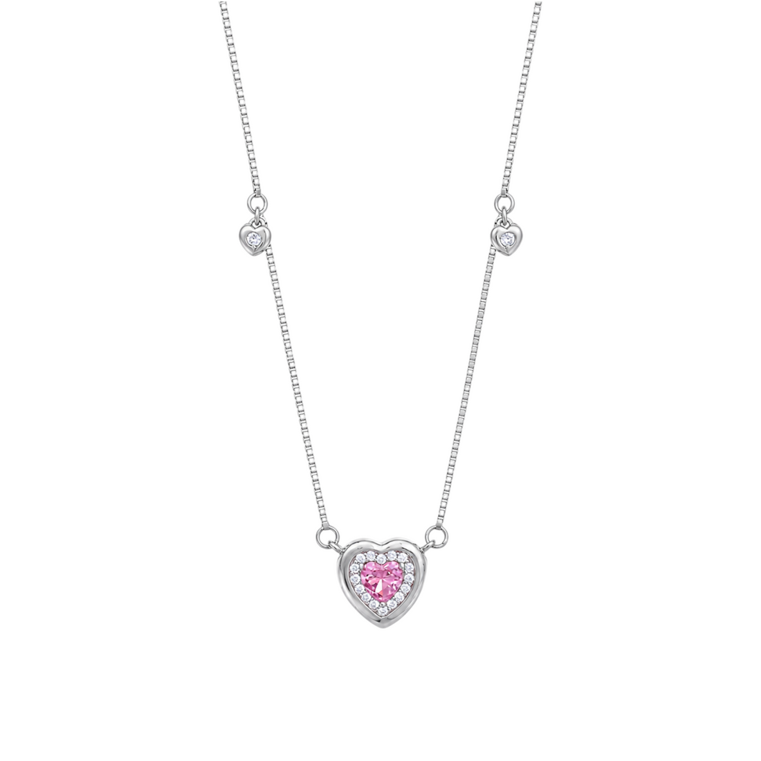 Silver chain necklace with small heart stations and a central pink heart stone in a CZ halo frame.