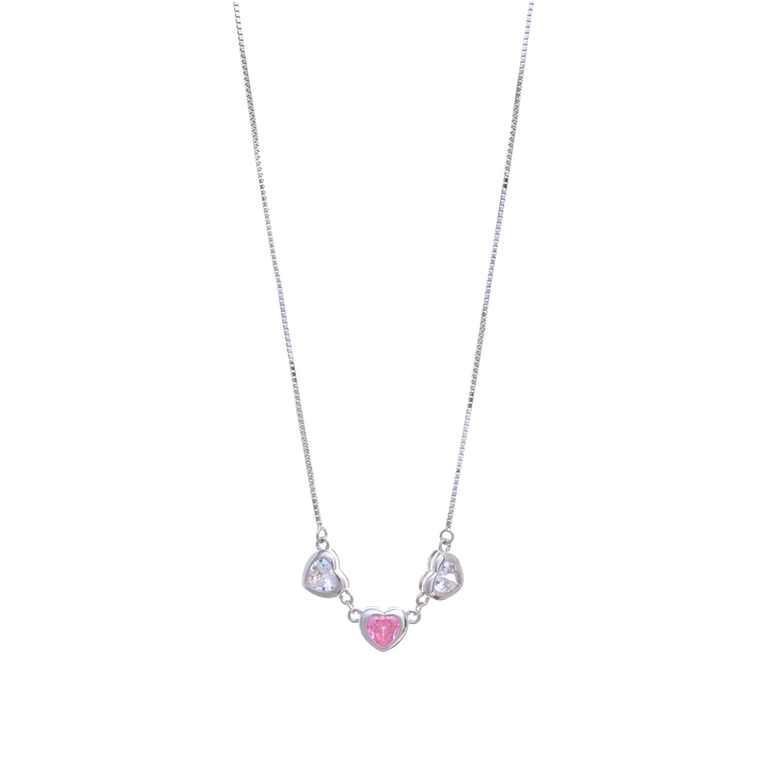 Silver box chain necklace featuring a central trio of bezel-set hearts with a pink center stone.