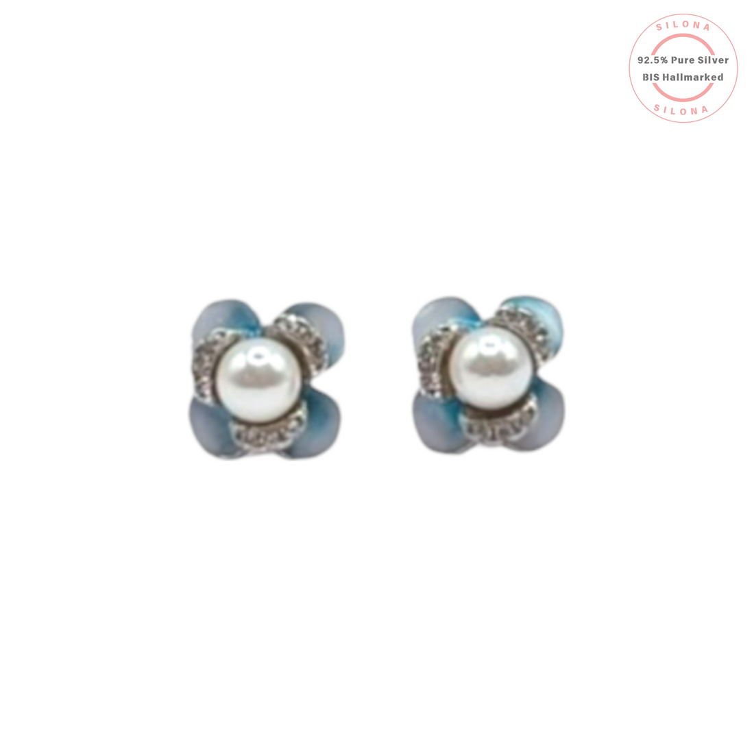 Elegant Blue Floral Pearl Stud Earrings