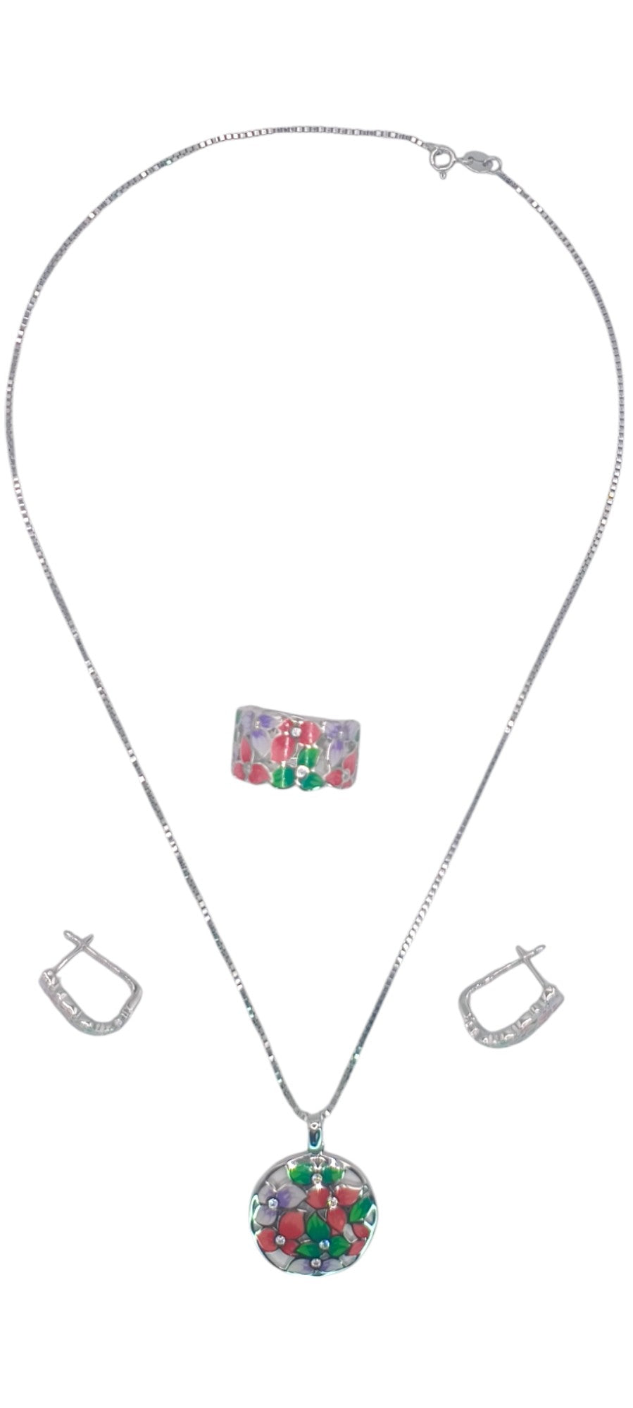 Elegant Floral Silver Jewelry Set – Necklace, Ring & Earrings