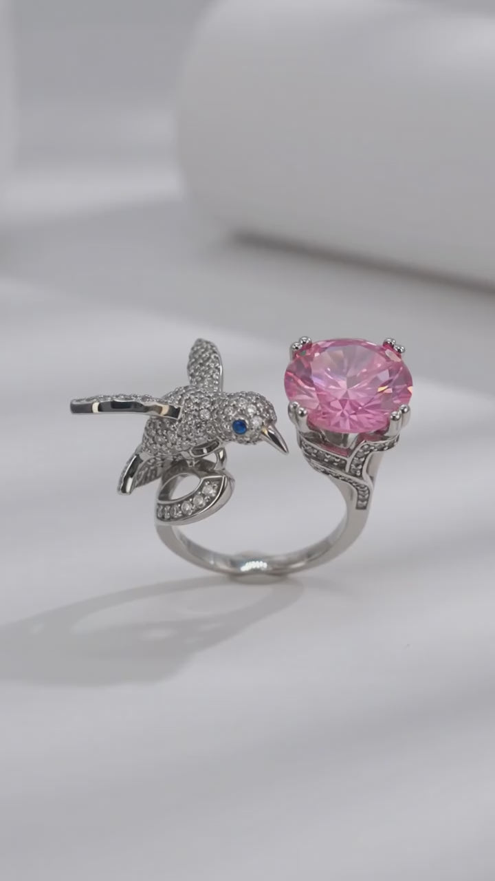 Whimsical Hummingbird & Pink Solitaire Ring